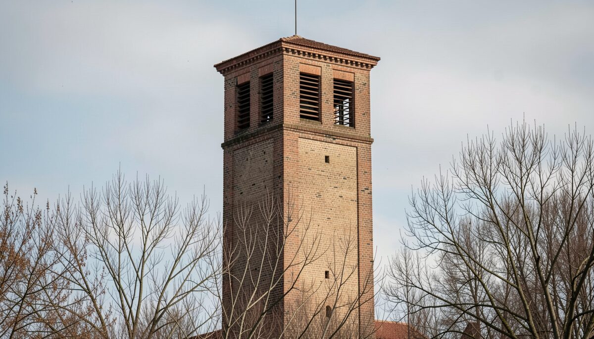 A square brick bell tower above bare treetops. Most downtown Waco churches carried their bell in a tower like this one.
