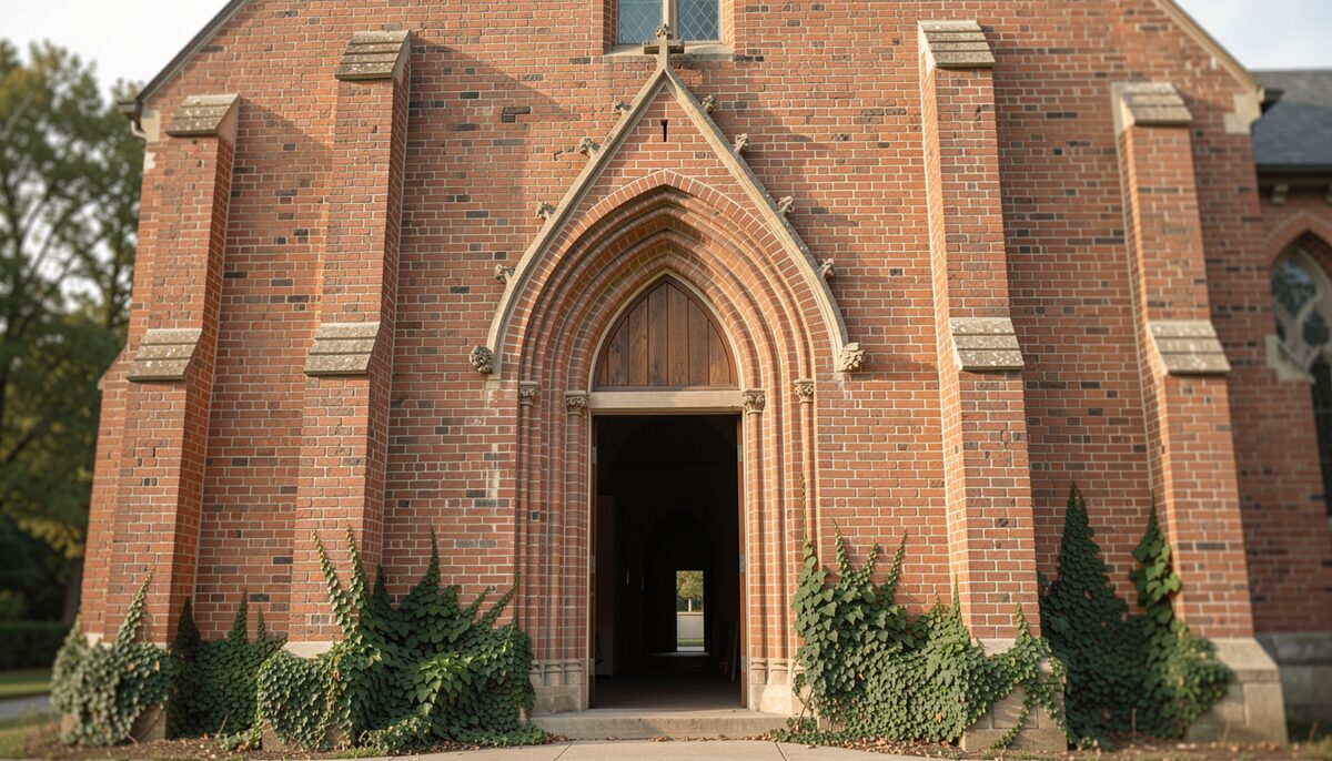 A pointed arch doorway in a brick wall, ivy at the base. Gothic Revival gave Waco's churches their recognizable silhouette.