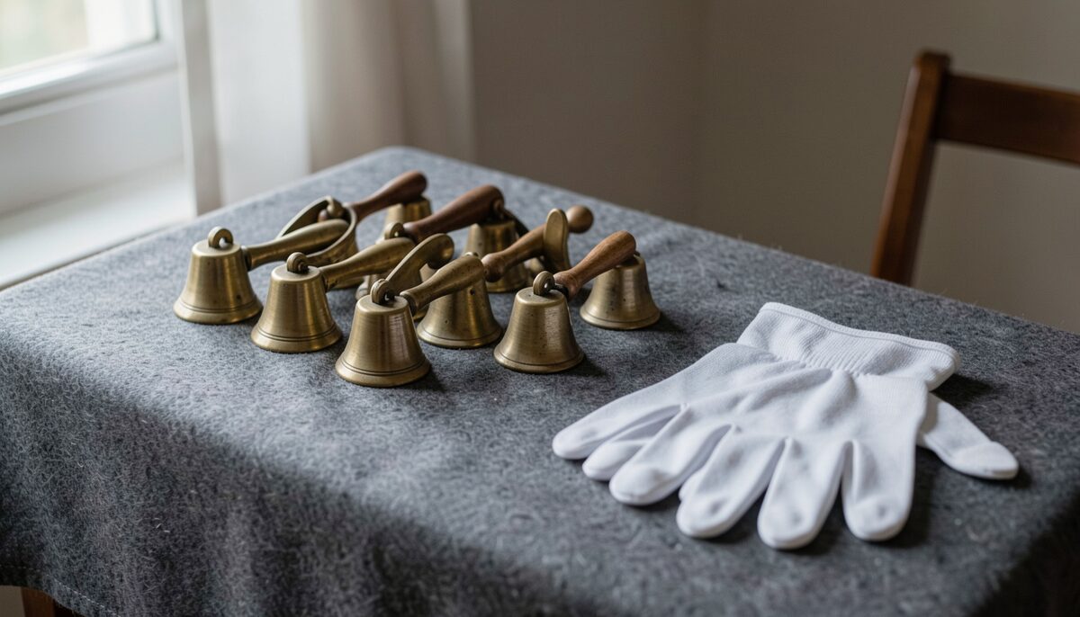 Brass handbells laid in a row on a felt-covered table, white gloves beside them. A handbell choir needs surprisingly little room.