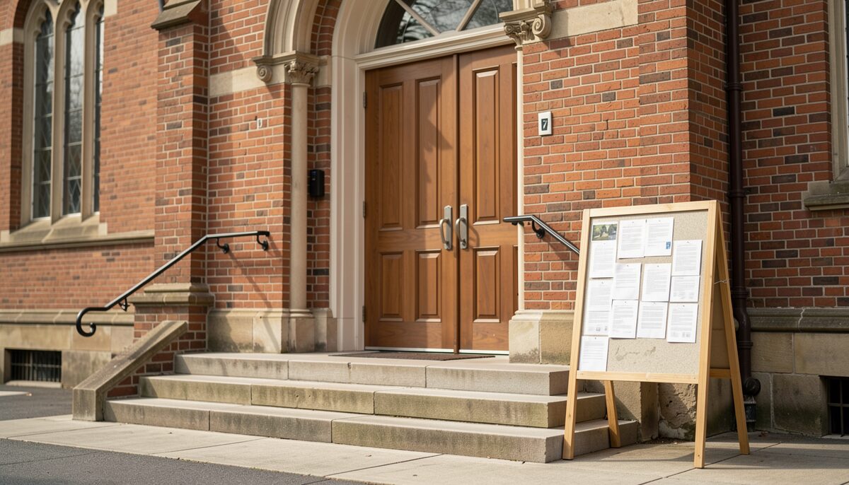 A brick church entrance with double doors and an empty notice board. Waco's Methodist congregations merged more than they closed.