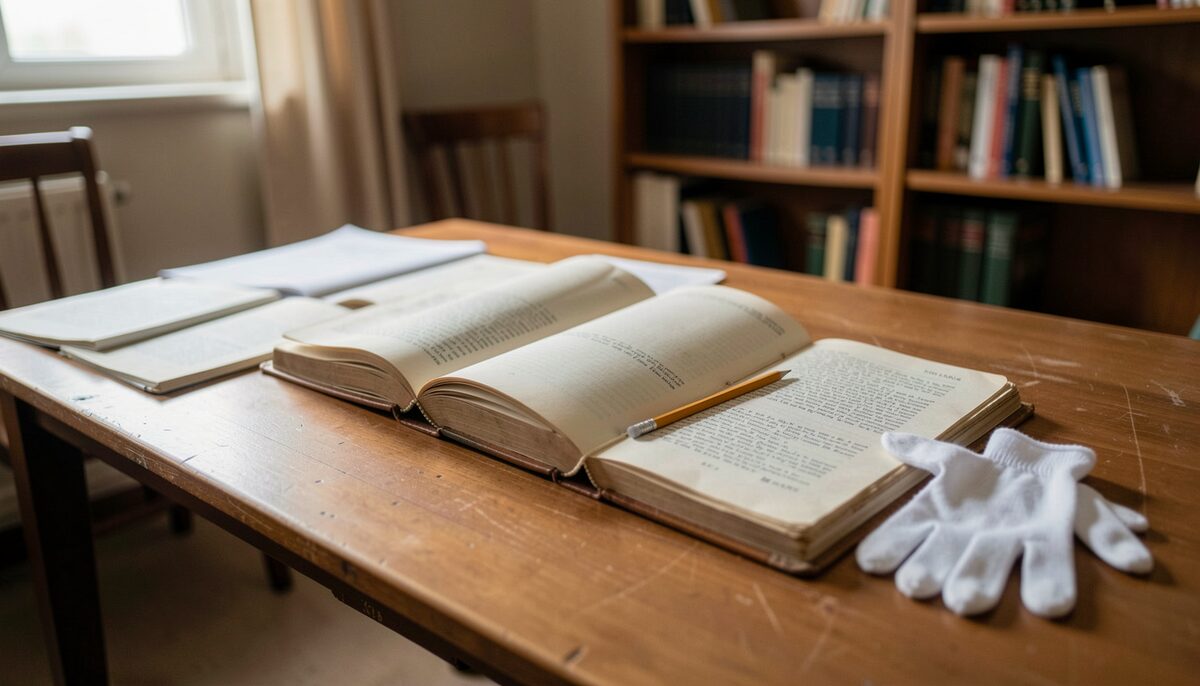 Open ledgers, a pencil and white cotton gloves on a reading room table. Church records are handled like archival material because they are.