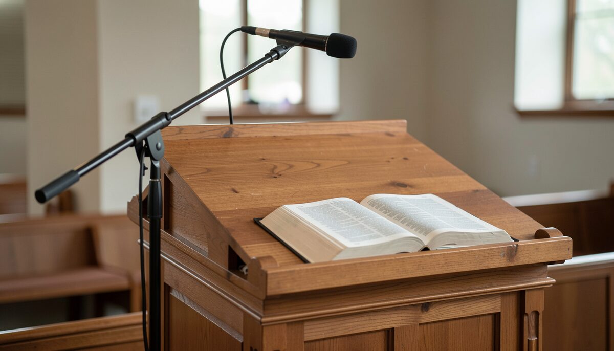 A wooden pulpit with a microphone stand and an open Bible. Waco sermons once reached the radio before they reached a website.