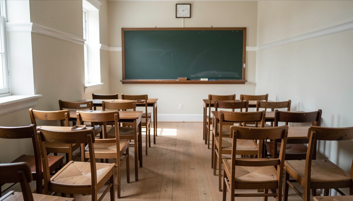 A narrow classroom with rows of wooden chairs and a blackboard. The Sunday school movement built wings like this one.